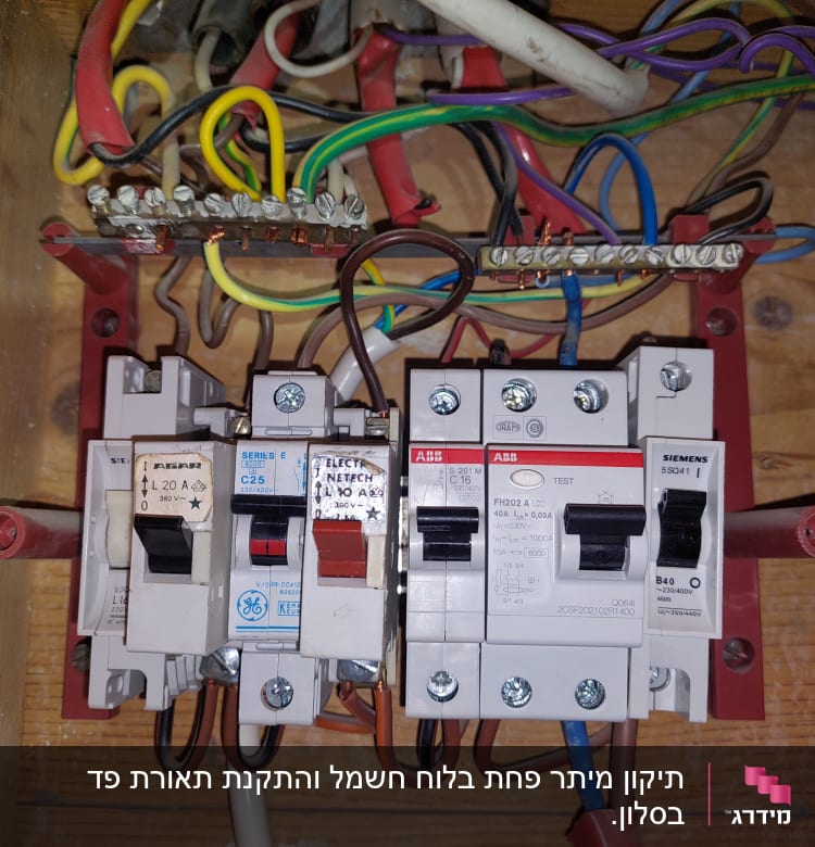 לוח חשמל עם מפסקים וחוטים צבעוניים